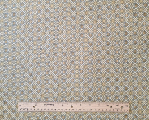 Victoria 2459-77 for Benartex - Soft White Fabric / Antique Gold, Yellow, Victorian Blue Reproduction Style Print