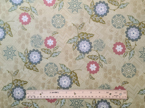 Silk Road Cassandra Paisley 3414-10 Benartex - Light Yellow/Green Fabric / Rust, Gray, Dark Colonial Blue Flower / Green Tonal Leaf