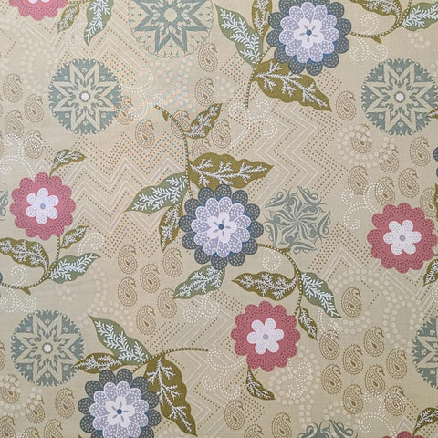 Silk Road Cassandra Paisley 3414-10 Benartex - Light Yellow/Green Fabric / Rust, Gray, Dark Colonial Blue Flower / Green Tonal Leaf