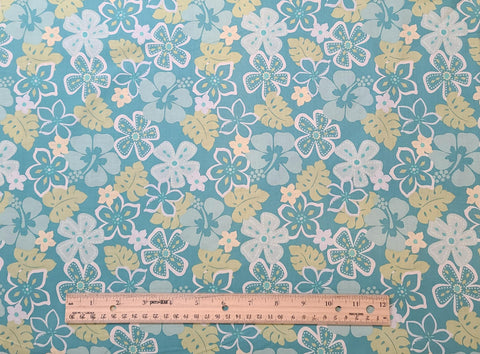 Surfin' Monkeys 3809-84 by Benartex - Aqua Fabric / Light Aqua, Gray, White, Golden Green Flower and Leaf Print