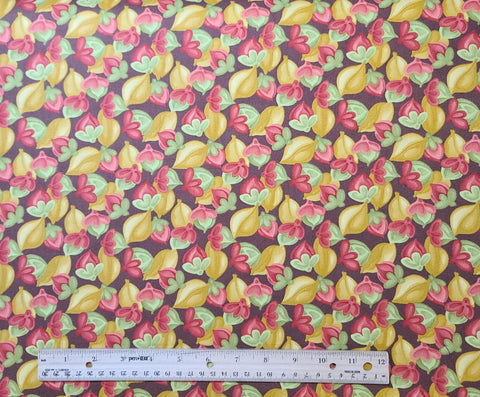 Spirit by Lila Tueller Cocoa 11432-15 by for Moda - Dark Brown Fabric / Gold, Green, Red, Pink Autumnal Leaf Print