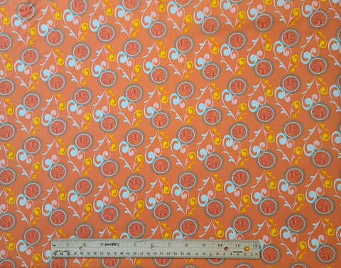 Sugar Collection SU-804 Art Gallery Fabrics - Salmon Colored Fabric / Turquoise, White, Bright Yellow Medallion Print