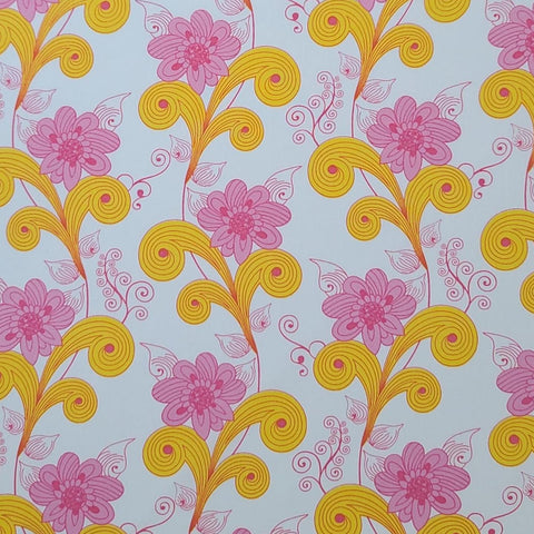 Sugar Collection SU-906 Art Gallery Fabrics - White Fabric / Bright Pink, Dark Yellow Flower Vine Print