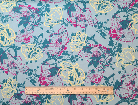 Paradise Collection PA-307 for Art Gallery Fabrics - Light Teal Fabric / Teal, Raspberry, Yellow Stylized Flower Print