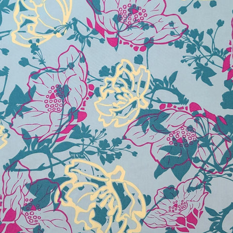Paradise Collection PA-307 for Art Gallery Fabrics - Light Teal Fabric / Teal, Raspberry, Yellow Stylized Flower Print