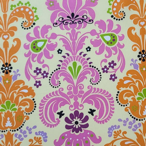 Enchanted Damask Citrus C901 2010 Ellen Medlock - Pale Yellow Fabric / Bright Pink, Orange, Green, Aubergine, Black Modern Damask Pattern