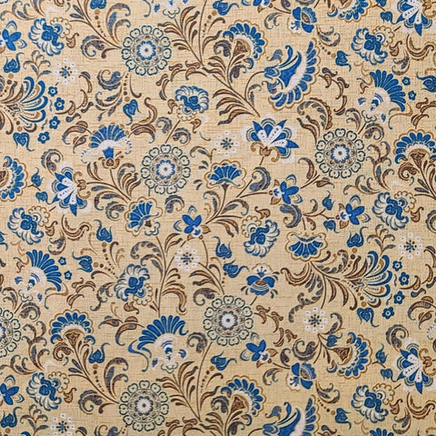 Ravello 1691-55 Floral Trail by Benartex - Gold and Tan "Linen Weave" Print Fabric / Dark Teal, Brown, Tan Mediterranean Style Flower Print