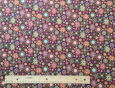 Cosmo Chic by Material Girls Studios 3563-88 Whimsy Raisin by Benartex - Raisin Colored Fabric/Pink, Green, Bright Blue Packed Retro Flower