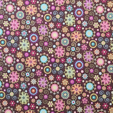 Cosmo Chic by Material Girls Studios 3563-88 Whimsy Raisin by Benartex - Raisin Colored Fabric/Pink, Green, Bright Blue Packed Retro Flower