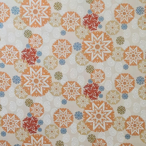 Silk Road Odyssey Medallion 3412-33 for Benartex - Light Tan Fabric / Cream Paisley Background / Dark Red, Teal Olive Green, Coral Medallion