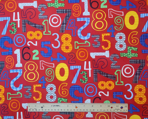 Chalk Talk BTR6797 Red Blank Quilting 2012 - Red Fabric / Brightly Colored Tossed Numeral Print