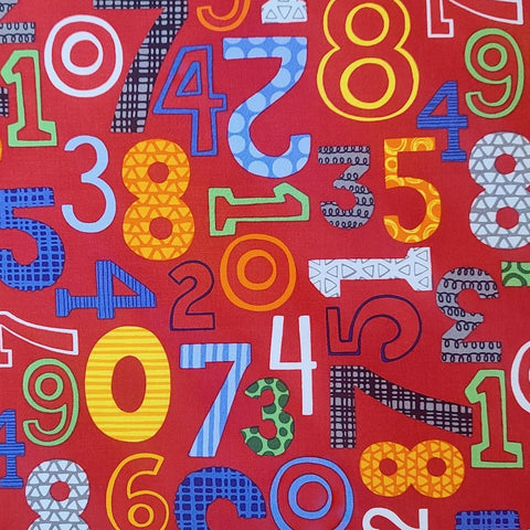 Chalk Talk BTR6797 Red Blank Quilting 2012 - Red Fabric / Brightly Colored Tossed Numeral Print