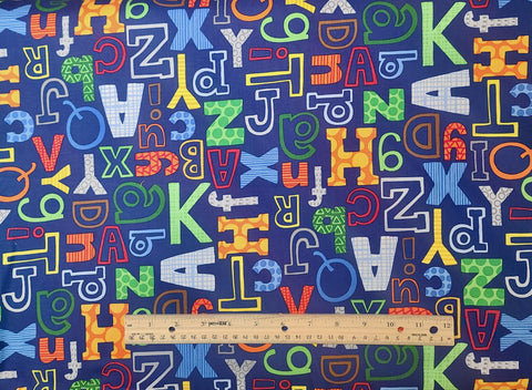 Chalk Talk BTR6796 Navy Blank Quilting 2012 - Navy Fabric / Brightly Colored Letters Print