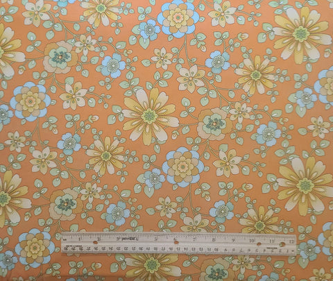 Modern Edge by Jennifer Young 3355-22 for Benartex - Orange Fabric / Light Blue, Mint, Celery, Tan Retro Flower Print
