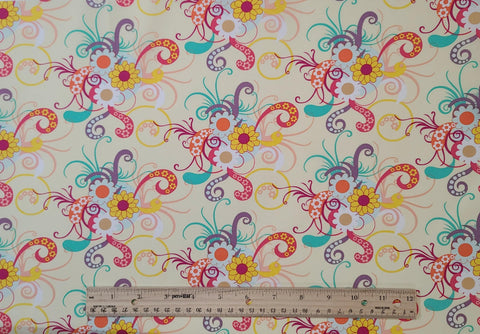 Sugar Collection SU-807 Art Gallery Fabrics - Pale Yellow Fabric / Purple, Bright Yellow, Turquoise, White Retro Flower Print