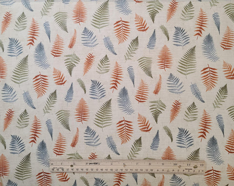 Harvest Reflections 3358-78 Benartex - Linen Colored Tonal Fabric / Blue, Rust, Green Scattered Leaf Print