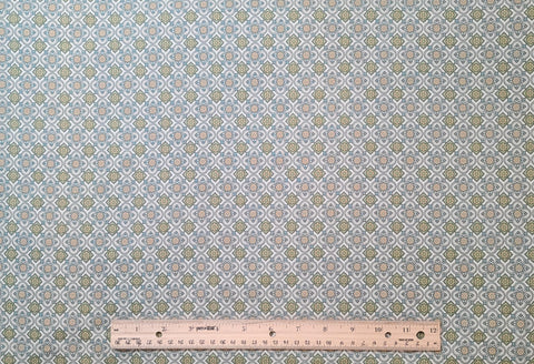 Victoria 2459-55 for Benartex - Soft White Fabric / Victorian Blue, Tan, Sage Green, Gold Reproduction Style Print