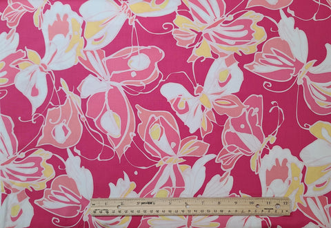 Dab of Jazz 7924-P by Gail Fountain for Maywood Studio - Raspberry Colored Fabric / White, Pink, Yellow Stylized Tossed Butterfly Print