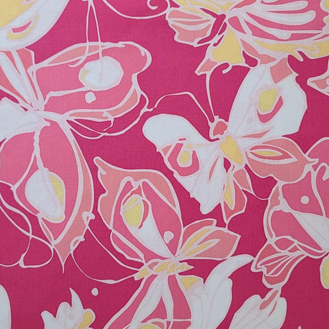 Dab of Jazz 7924-P by Gail Fountain for Maywood Studio - Raspberry Colored Fabric / White, Pink, Yellow Stylized Tossed Butterfly Print