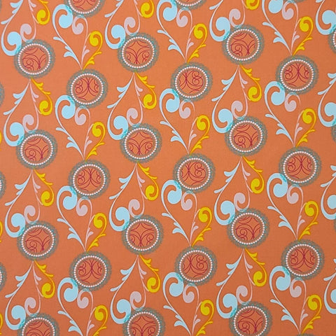 Sugar Collection SU-804 Art Gallery Fabrics - Salmon Colored Fabric / Turquoise, White, Bright Yellow Medallion Print