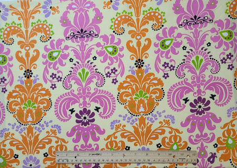 Enchanted Damask Citrus C901 2010 Ellen Medlock - Pale Yellow Fabric / Bright Pink, Orange, Green, Aubergine, Black Modern Damask Pattern