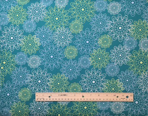 Paradise Collection PA-301 for Art Gallery Fabrics - Teal Fabric / Yellow, Pale Blue, White Dotted Modern Flower Print