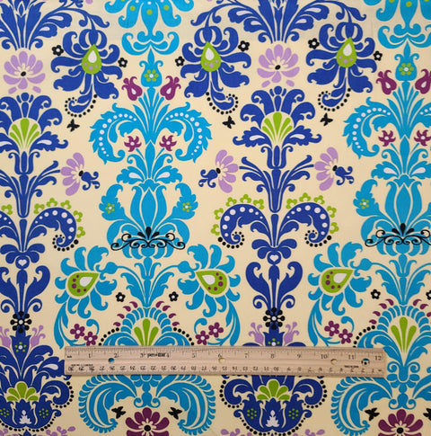 Enchanted Damask Turquoise C901 2010 Ellen Medlock - Pale Yellow Fabric / Turquoise, Royal Blue, Lavender, Bright Green Modern Damask Print