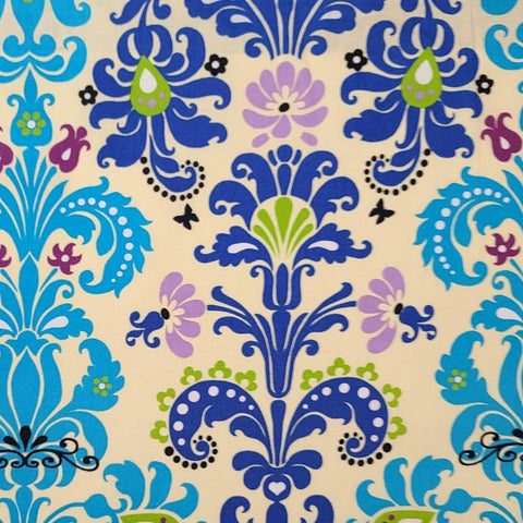 Enchanted Damask Turquoise C901 2010 Ellen Medlock - Pale Yellow Fabric / Turquoise, Royal Blue, Lavender, Bright Green Modern Damask Print