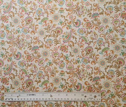 Ravello 1691-33 Floral Trail by Benartex - Cream and Tan "Linen Weave" Fabric / Turquoise, Raspberry, Gold Mediterranean Style Flower Print