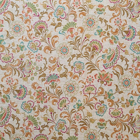 Ravello 1691-33 Floral Trail by Benartex - Cream and Tan "Linen Weave" Fabric / Turquoise, Raspberry, Gold Mediterranean Style Flower Print