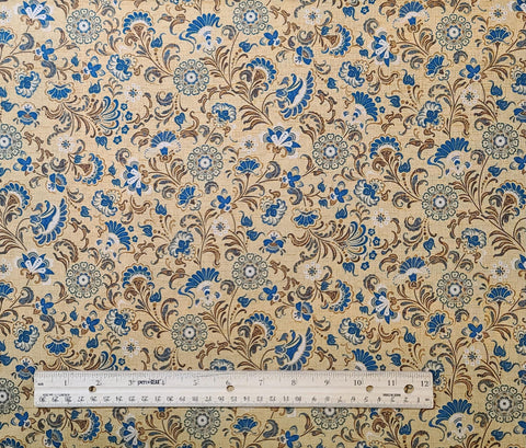Ravello 1691-55 Floral Trail by Benartex - Gold and Tan "Linen Weave" Print Fabric / Dark Teal, Brown, Tan Mediterranean Style Flower Print