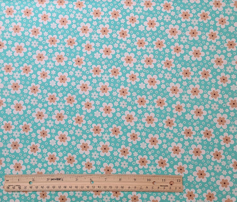 Cosmopolitan for Exclusively Quilters 60097-5 - Bright Aqua Fabric / White, Tan, Blush Pink Flower Print