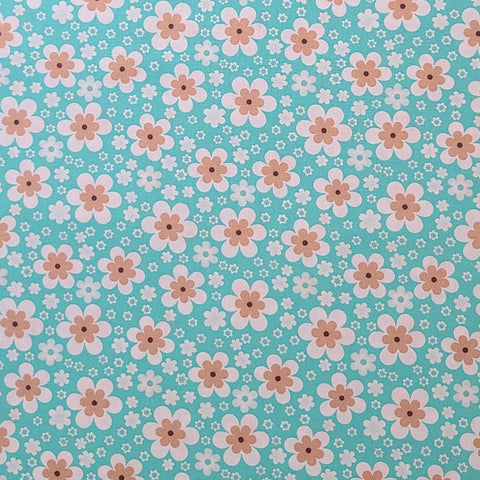Cosmopolitan for Exclusively Quilters 60097-5 - Bright Aqua Fabric / White, Tan, Blush Pink Flower Print