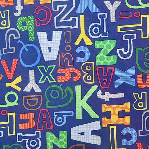 Chalk Talk BTR6796 Navy Blank Quilting 2012 - Navy Fabric / Brightly Colored Letters Print