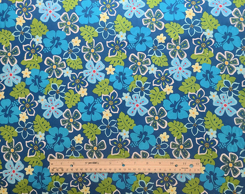 Surfin' Monkeys 3809-55 by Benartex - Blue Fabric / Bright Blue, White, Apple Green Packed Flower Print