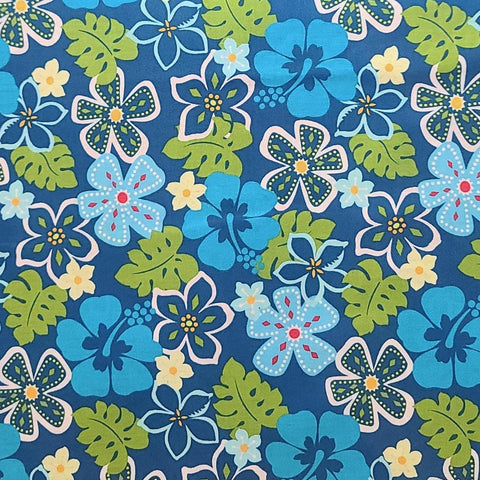 Surfin' Monkeys 3809-55 by Benartex - Blue Fabric / Bright Blue, White, Apple Green Packed Flower Print