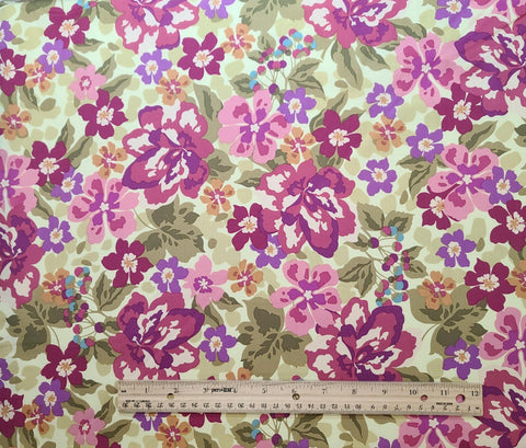 Cosmo Chic by Material Girls Studios 3560-30 Pocket of Posies by Benartex - Pale Yellow Fabric / Magenta, Green, Purple Packed Flower Print