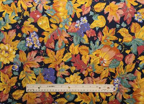 Autumn Spirit #5283 Springs Industries - Black Fabric / Packed Flower, Leaf, Fruit Print