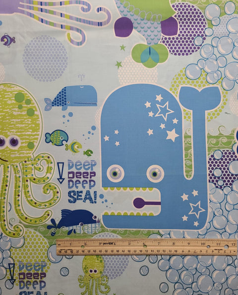 Deep Deep Sea by Studio E - Pale Blue Fabric / Blue, Green, Chartreuse, Lavender Cartoon Sea Print