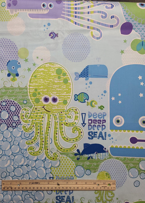 Deep Deep Sea by Studio E - Pale Blue Fabric / Blue, Green, Chartreuse, Lavender Cartoon Sea Print