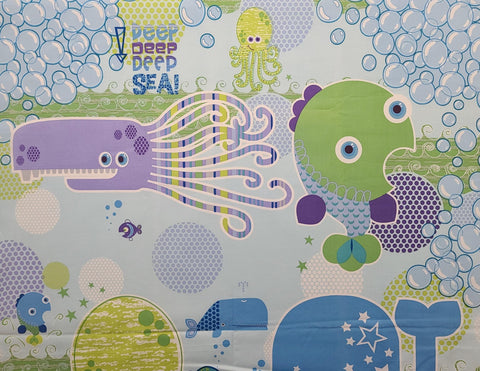 Deep Deep Sea by Studio E - Pale Blue Fabric / Blue, Green, Chartreuse, Lavender Cartoon Sea Print