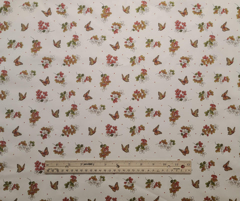 Japanese Garden by Maywood Studio - Cream Fabric / Dark Coral Pin Dot / Dark Coral, Antique Gold, Green Butterfly and Leaf Print