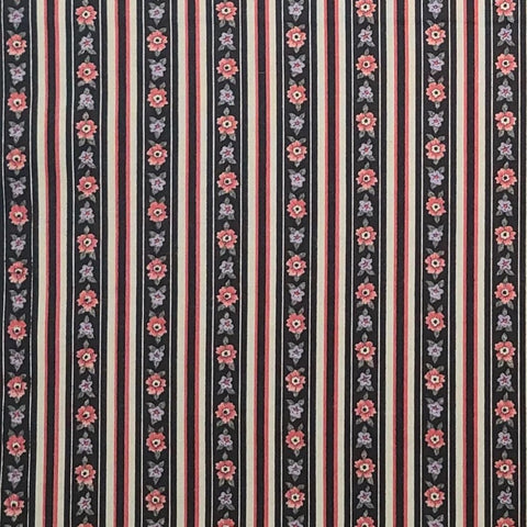 Black, White, Dark Rose Colored Floral Stripe Fabric - Selvage to Selvage Print