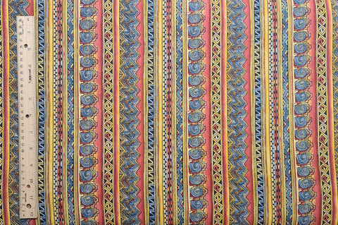 Rose, Slate Blue, Gold, Black Hyroglyphic Vertical Stripe (Parallel to Selvage) Fabric