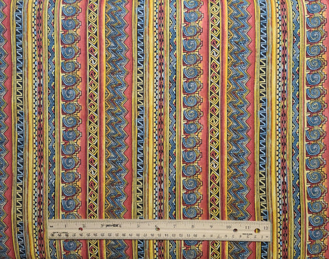 Rose, Slate Blue, Gold, Black Hyroglyphic Vertical Stripe (Parallel to Selvage) Fabric