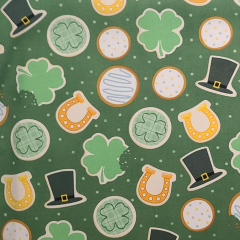 B99-DYFL-P03 2024 Brother Sister Design Studio - Green Fabric / Shamrock, Horseshoe, Leprechaun Hat Print