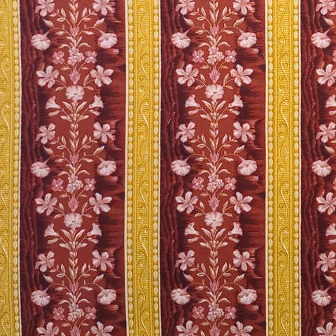 Janelle by the Benartex Studio for Benartex Style 2752 - Dark Red Tonal Floral Print Fabric / Gold Border Stripe