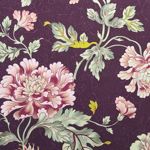 Boundless Fabrics by Craftsy Cour de Fleur - Dark Wine-Colored Fabric / Tone-on-Tone Vine / Giant Pink and White Flower / Green Leaf, Vine