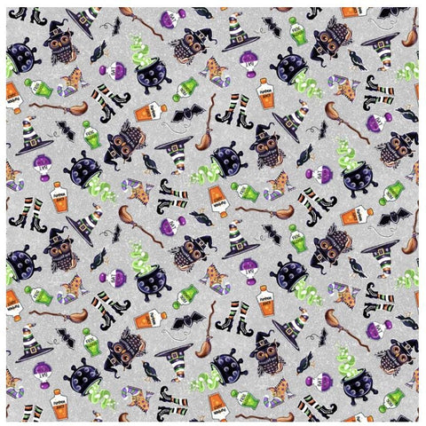 Spooky Aura Glow in the Dark The Daisie Company for Blank Quilting Corp 3986G-90 Magical Cauldrons - Pale Gray Fabric/Tossed Halloween Print