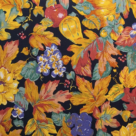 Autumn Spirit #5283 Springs Industries - Black Fabric / Packed Flower, Leaf, Fruit Print